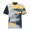 The HEAD Vision Topspin Men's Badminton T-Shirt - NVXV is a stylish piece of sportswear, showcasing horizontal blurred stripes in shades of gray, yellow, and black. Crafted from moisture transfer microfiber, it also features a subtle logo on the upper left side.