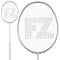 Close-up of the FZ Forza Pure Light 5 badminton racket featuring a white handle. The ultra-high modulus graphite strings exhibit the letters "FZ," while the frame is metallic and oval-shaped.