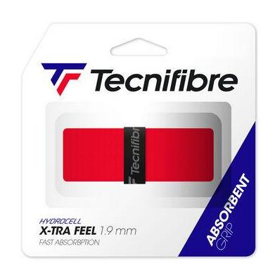 Packaging for a Tecnifibre X-Tra Feel Replacement Badminton Grip in red, measuring 1.9 mm. This grip highlights its quick absorption capabilities and perspiration management, providing an exceptional sticky feel for improved performance during gameplay.