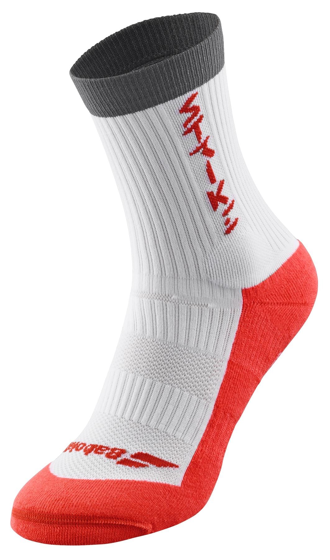 Introducing the Babolat Pro 360 Men's Badminton Socks in White and Strike Red. These socks, crafted by Babolat, boast a gray cuff with a Fiber Dry-polyester ribbed texture. The word "Strike" is emblazoned in red letters on the side, while contrasting red heel and toe areas enhance their design. Underfoot cushioning guarantees exceptional comfort, making them expertly crafted for sporting activities.