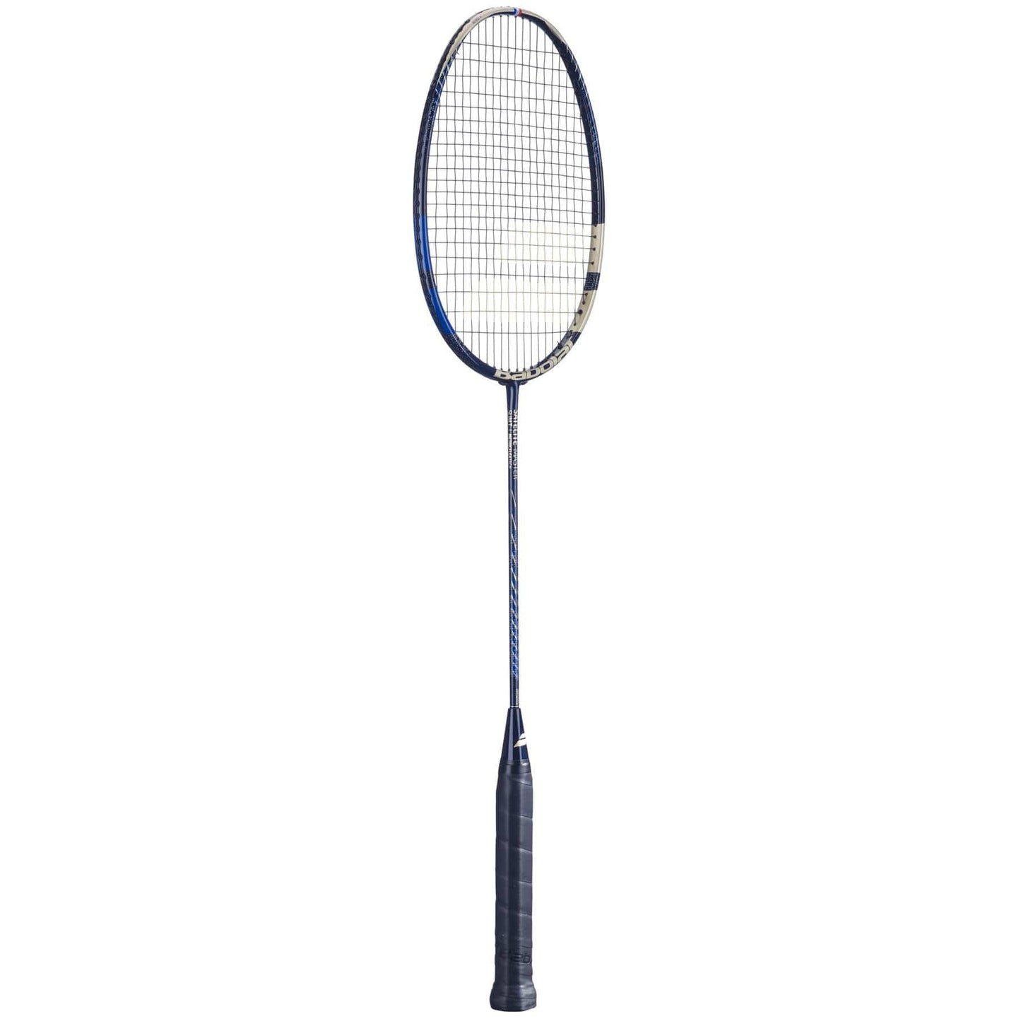 A Babolat Satelite Master badminton racket in navy blue, showcasing a patterned grip, tightly woven strings, and a sleek, streamlined design for optimal aerodynamics, is positioned vertically on a white background.