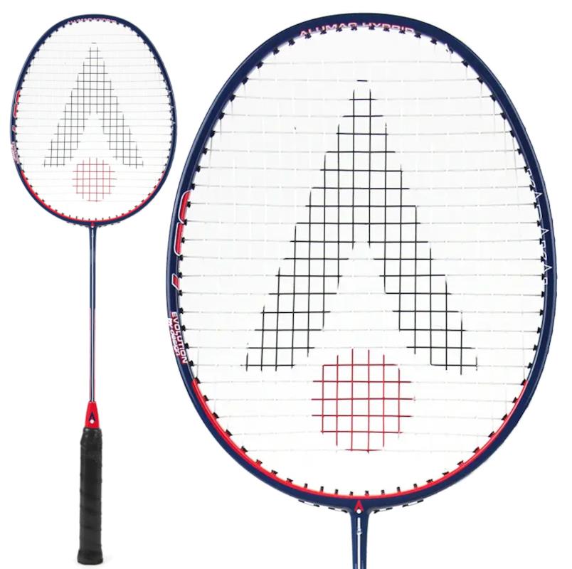 The Karakal CB-7 2.1 Badminton Racket by Karakal features a graphite, isometric head with a white stringed face and the distinctive black triangle logo set within a red circle. Its frame boasts a striking combination of black and blue enhanced by red accents, while the handle sports a textured black grip. Another angle reveals the full racket in its sleek design.