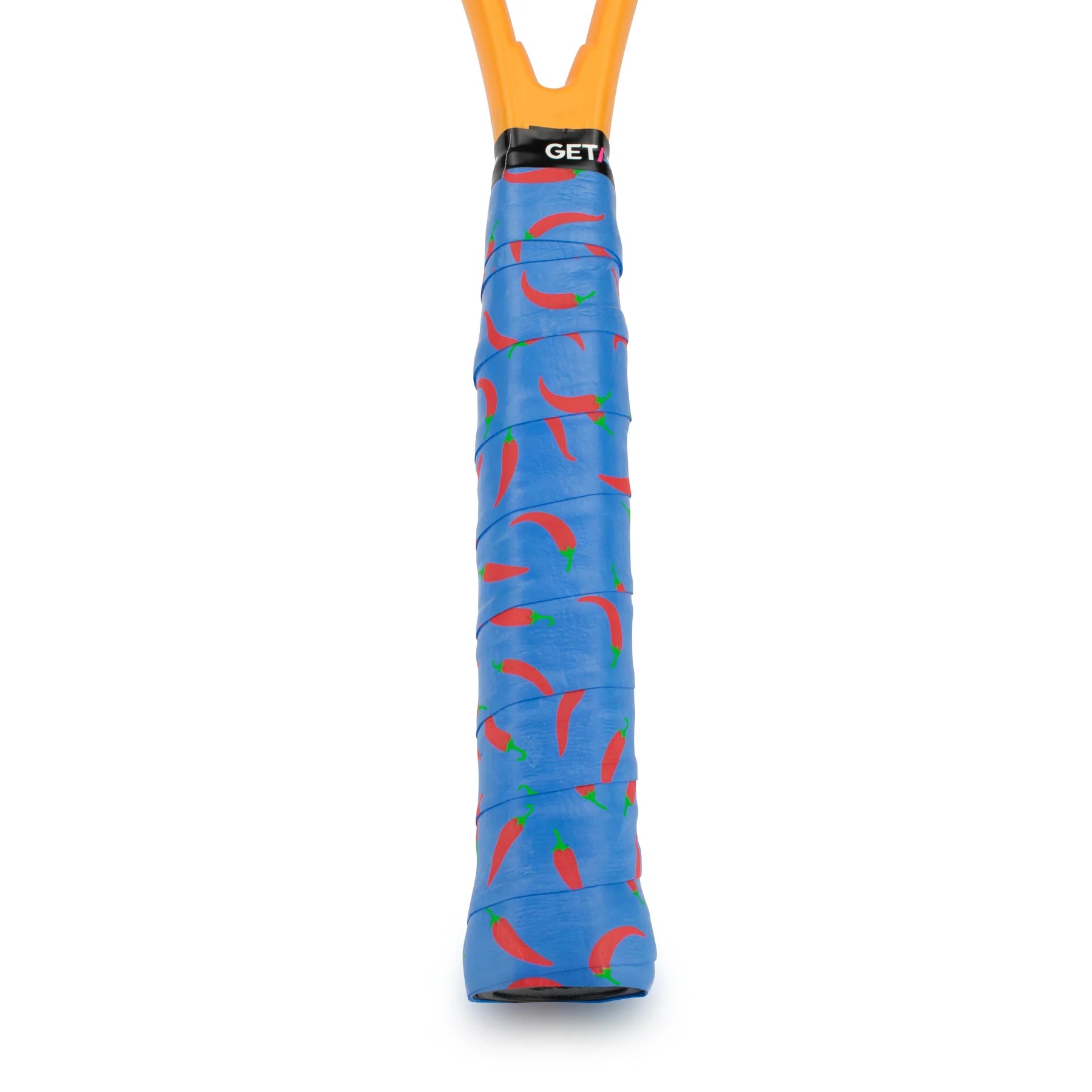 Close-up of a tennis racket grip wrapped in the Get A Grip Heatwave Badminton Overgrip - Blue, showcasing a non-slip design adorned with a chili pepper pattern. The racket frame is highlighted by an orange top, similar to the moisture absorption properties found in premium overgrips from Get A Grip.