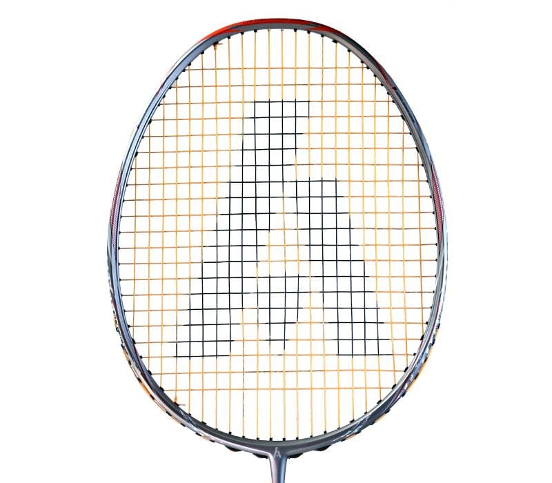 Close-up of an Ashaway Phantom Shard 3 3U Badminton Racket - Orange. The racket features an orange grid pattern on the strings and a metallic frame with a slim border, utilizing Shardtech technology. The background is plain white.