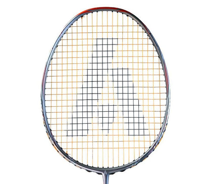 Close-up of an Ashaway Phantom Shard 3 3U Badminton Racket - Orange. The racket features an orange grid pattern on the strings and a metallic frame with a slim border, utilizing Shardtech technology. The background is plain white.