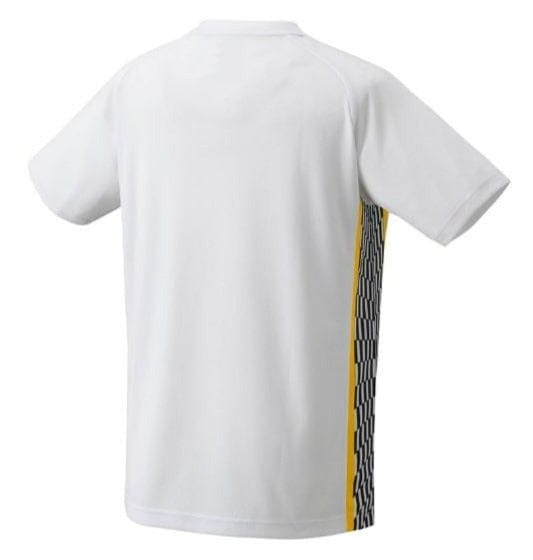 The Yonex 16738EX Lee Chong Wei LCW Badminton T-Shirt - White showcases a retro black and yellow striped pattern on the sides and is displayed from the back view.