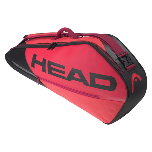 The HEAD Tour Team 3R 3 Racket Bag in Black and Red prominently displays the brand name in bold black letters. This sleek design includes a convenient handle on top, a side zipper, and an adjustable shoulder strap for easy carrying.