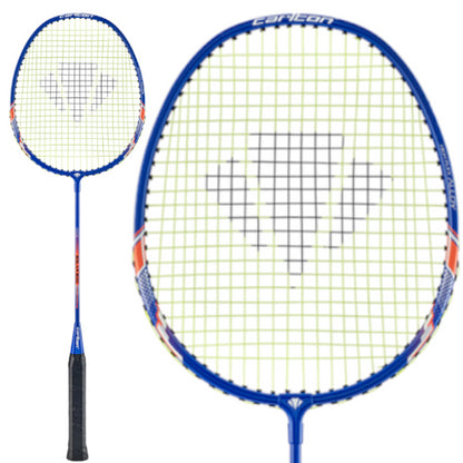 The Carlton Solar 800 Badminton Racket, suitable for beginner players, showcases a blue and orange frame with a black grip and yellow strings. The Carlton logo is prominently displayed on the enlarged sweet spot. Enjoy both a full view and detailed close-up of this racket.