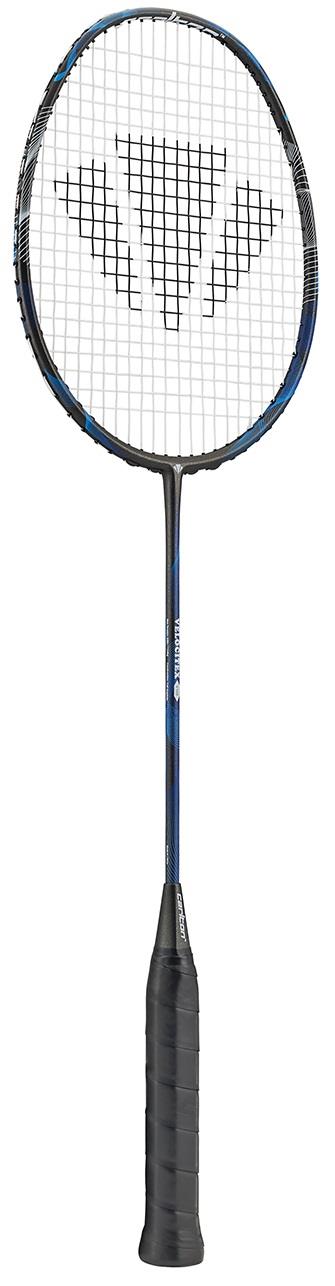 The Carlton Velocitex V100 Badminton Racket, in Indigo Blue and Black, is tailored for intermediate-level players, highlighting a high-tension string setup with a large triangle pattern and paired with a black grip.