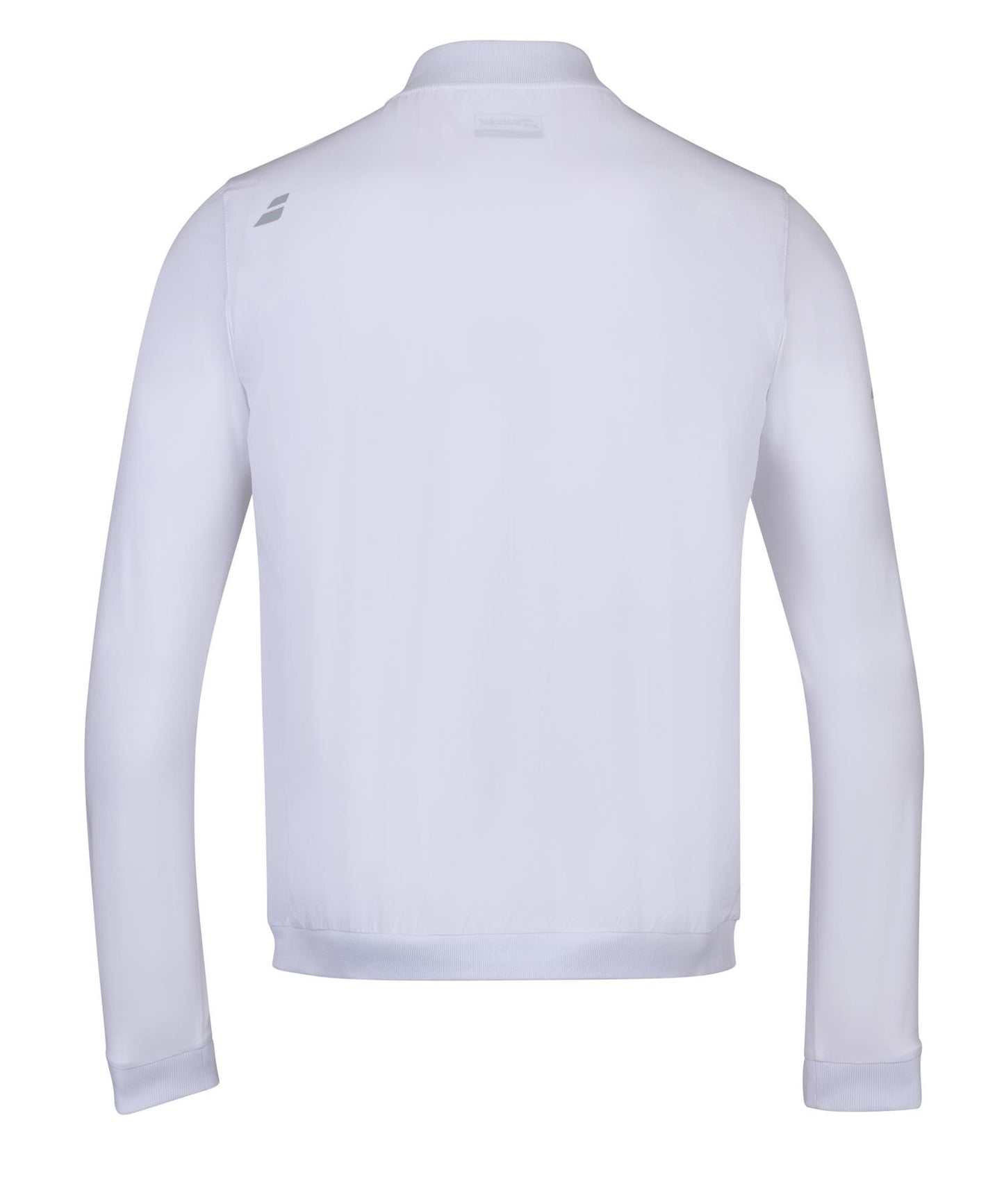 Back view of the Babolat Play Men's Badminton Jacket in white, featuring a clean design with minimal detailing. The jacket has a subtle Babolat logo on the upper right shoulder and is crafted from four-way stretch fabric for optimal movement.