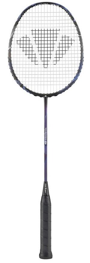 The Carlton Velocitex V400 badminton racket, in a sophisticated dark grey and black design, displays a grid string pattern with the logo at the center. Enhanced by its XTREME Tension Frame, the handle is wrapped in a sleek black grip, all elegantly presented against a plain white background.