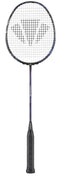 The Carlton Velocitex V400 badminton racket, in a sophisticated dark grey and black design, displays a grid string pattern with the logo at the center. Enhanced by its XTREME Tension Frame, the handle is wrapped in a sleek black grip, all elegantly presented against a plain white background.