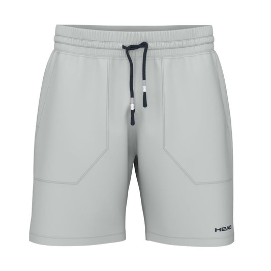 Featuring a gray design, the HEAD Performance Men's Play Badminton Shorts come with an elastic waistband and black drawstring. They include two front pockets and subtle seam details, complemented by a small "HEAD" logo near the left leg hem. Made with moisture-wicking microfiber for quick drying, these shorts provide 4-way stretch for exceptional comfort.