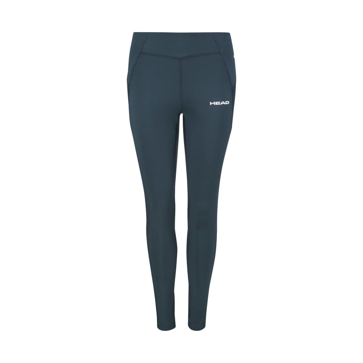 Navy blue athletic leggings designed with side pockets and the "HEAD" logo on the left hip. These leggings feature a high waistband and moisture-wicking microfiber technology, making them ideal for sports or workouts. Known as HEAD Women's Tech Badminton Tights, their stretchy fabric offers comfort and flexibility.