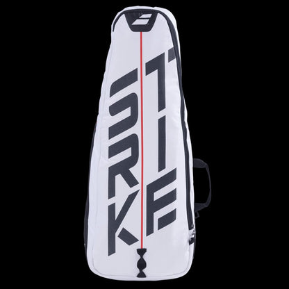 Introducing the Babolat Pure Strike Backpack in White and Red, designed for your active lifestyle. This backpack features bold black "SRK T1RK" lettering and a sleek red stripe running vertically. With its black handle and zippered closure, it's perfect for carrying all your badminton essentials effortlessly.