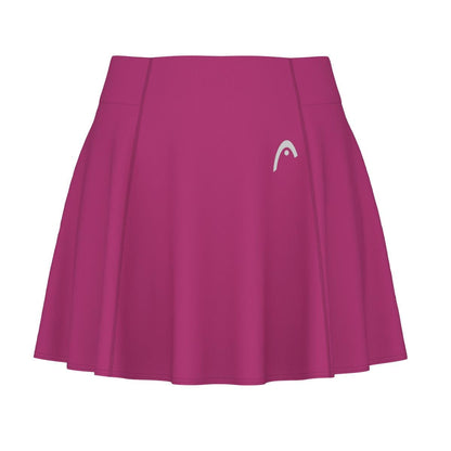 The HEAD Performance Women's Badminton Skort in Vivid Pink features a white logo on the left side and an A-shaped design. It includes vertical seam details and a flared bottom hem, with integrated moisture transfer technology to keep you dry.