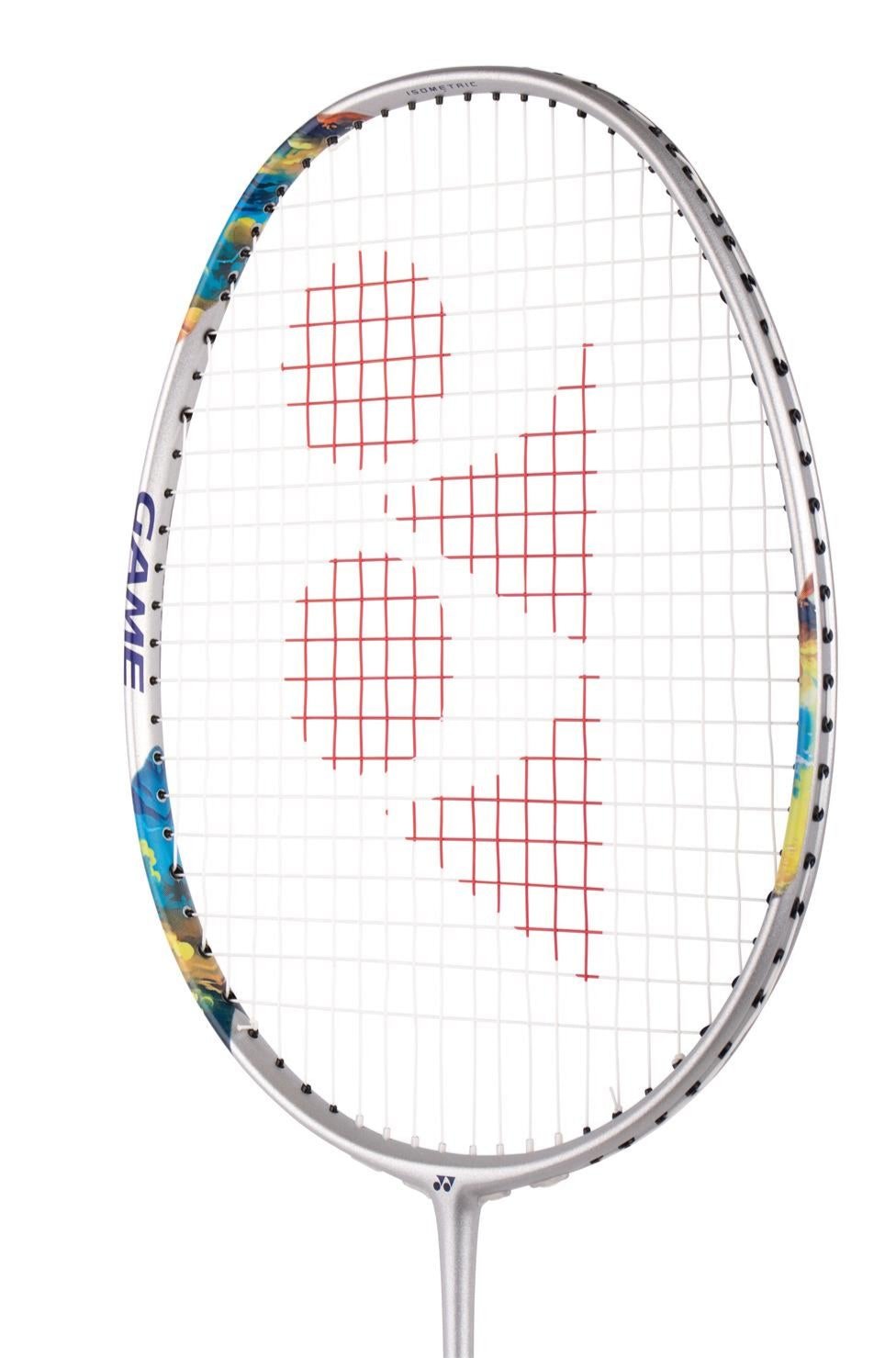 The Yonex Nanoflare 700 Game 4U badminton racket features a sleek silver and sky blue frame, ideal for intermediate players. The word "GAME" is prominently displayed on the side in vibrant colors, while the strings form a geometric design in the center. With its striking appearance against a plain white background, it’s sure to catch your attention.