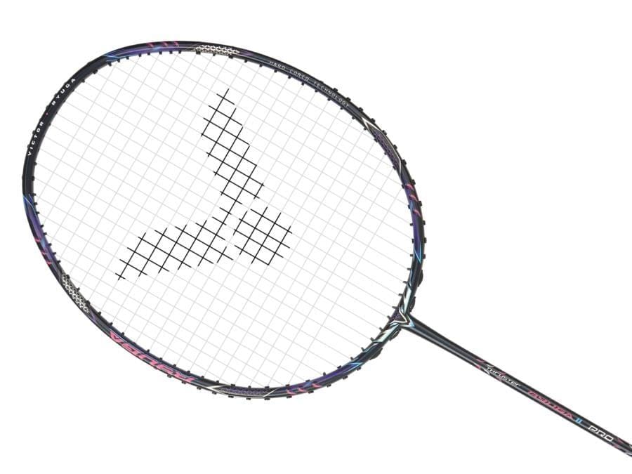 The Victor Thruster Ryuga II Pro 4U Badminton Racket in Mazarine Blue features a stylish black frame with a central logo, colorful shaft accents, and text. Designed for style and performance, it's displayed diagonally against a white background.