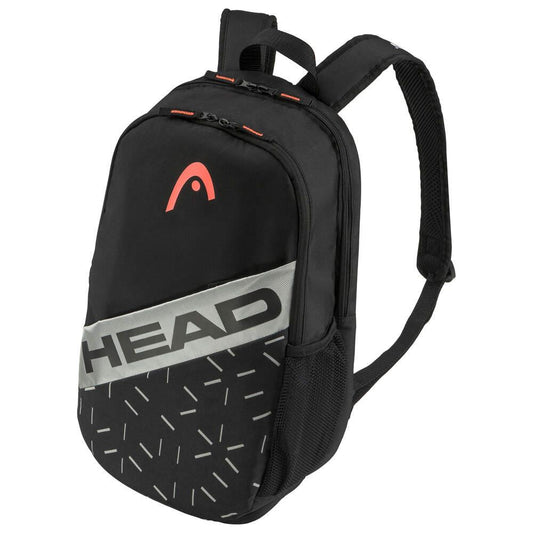 Presenting the HEAD Team 21L Badminton Backpack - BKCC: This black backpack from HEAD features adjustable straps and a striking red logo set against a diagonal gray stripe with "HEAD" boldly displayed. It comes equipped with an integrated shoe compartment and a padded compartment for your essentials. The front showcases a geometric pattern with small lines, making it ideal for both casual or athletic use.