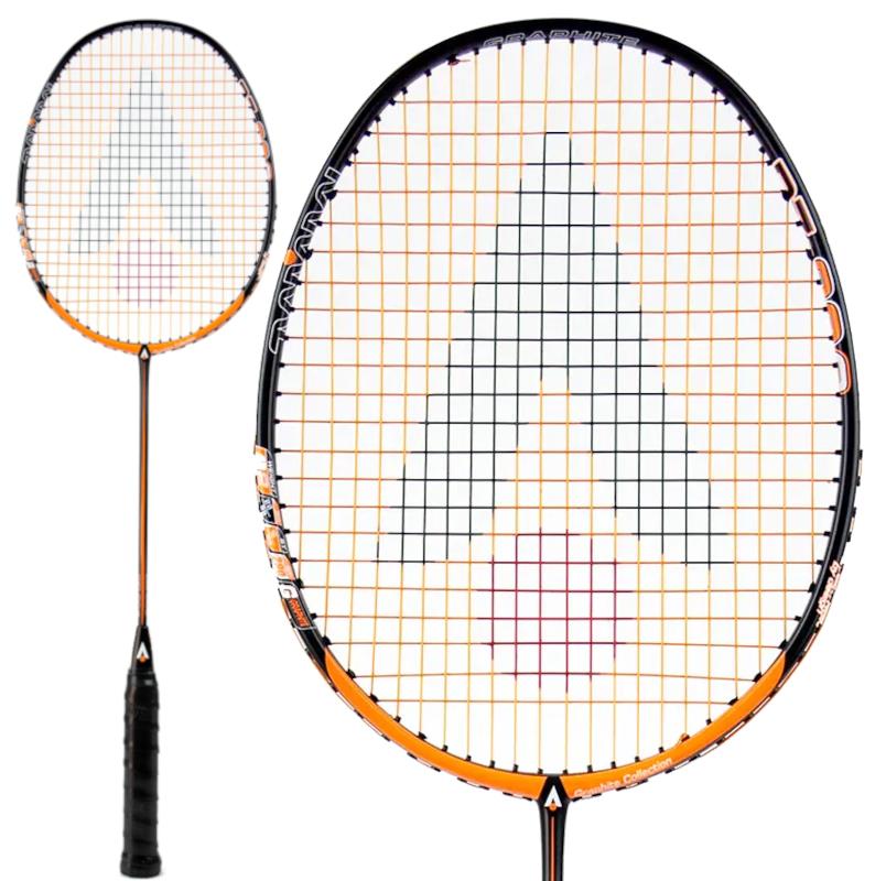 The Karakal BZ 30 2.1 Badminton Racket, in black and orange, features an isometric head with a frame designed to enhance precision and style. Its diagonal string arrangement forms a captivating geometric pattern, complemented by a sleek black grip tape on the handle. The racket is showcased in both full-length and close-up views for a detailed appreciation of its design.