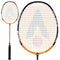 The Karakal BZ 30 2.1 Badminton Racket, in black and orange, features an isometric head with a frame designed to enhance precision and style. Its diagonal string arrangement forms a captivating geometric pattern, complemented by a sleek black grip tape on the handle. The racket is showcased in both full-length and close-up views for a detailed appreciation of its design.