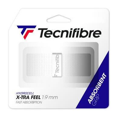 The Tecnifibre X-Tra Feel Replacement Badminton Grip in white is packaged in a sleek design that includes a window to display the grip. The packaging prominently features the Tecnifibre logo and emphasizes its "Hydrocell" technology, which is engineered for perspiration absorption, offering players an exceptional feel and rapid moisture absorption.