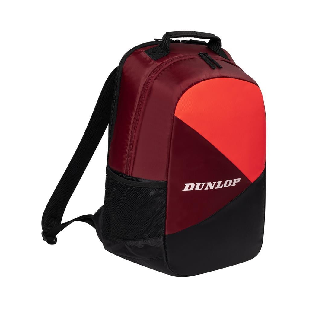 The Dunlop CX Club Badminton Backpack in black and red showcases a stylish design, offering a roomy main compartment with a dedicated section for rackets, side mesh pocket, and padded adjustable shoulder straps for added comfort.