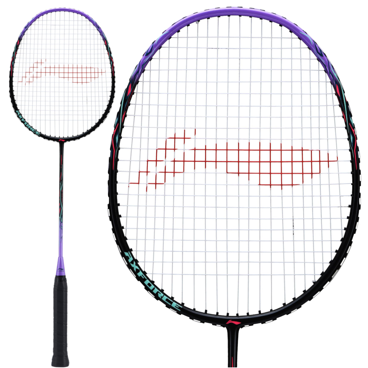 The Li-Ning Axforce 9 Badminton Racket by Li-Ning boasts a stylish black and purple frame, paired with a comfortable black grip. This mid-range racket features strings arranged in a grid pattern, highlighted with eye-catching red accents. Displayed from two angles against a white background, it combines both aesthetic appeal and excellent performance for players.