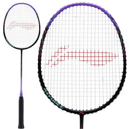 The Li-Ning Axforce 9 Badminton Racket by Li-Ning boasts a stylish black and purple frame, paired with a comfortable black grip. This mid-range racket features strings arranged in a grid pattern, highlighted with eye-catching red accents. Displayed from two angles against a white background, it combines both aesthetic appeal and excellent performance for players.