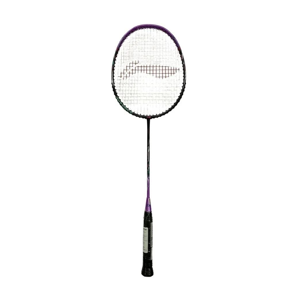 Introducing the Li-Ning Axforce 9 3U Badminton Racket - Zircon, the ideal choice for beginner players. This racket features a chic purple frame and handle grip, with strings creating a crisscross pattern within its oval-shaped head. The racket is beautifully displayed against a white background, perfectly highlighting its sleek design.