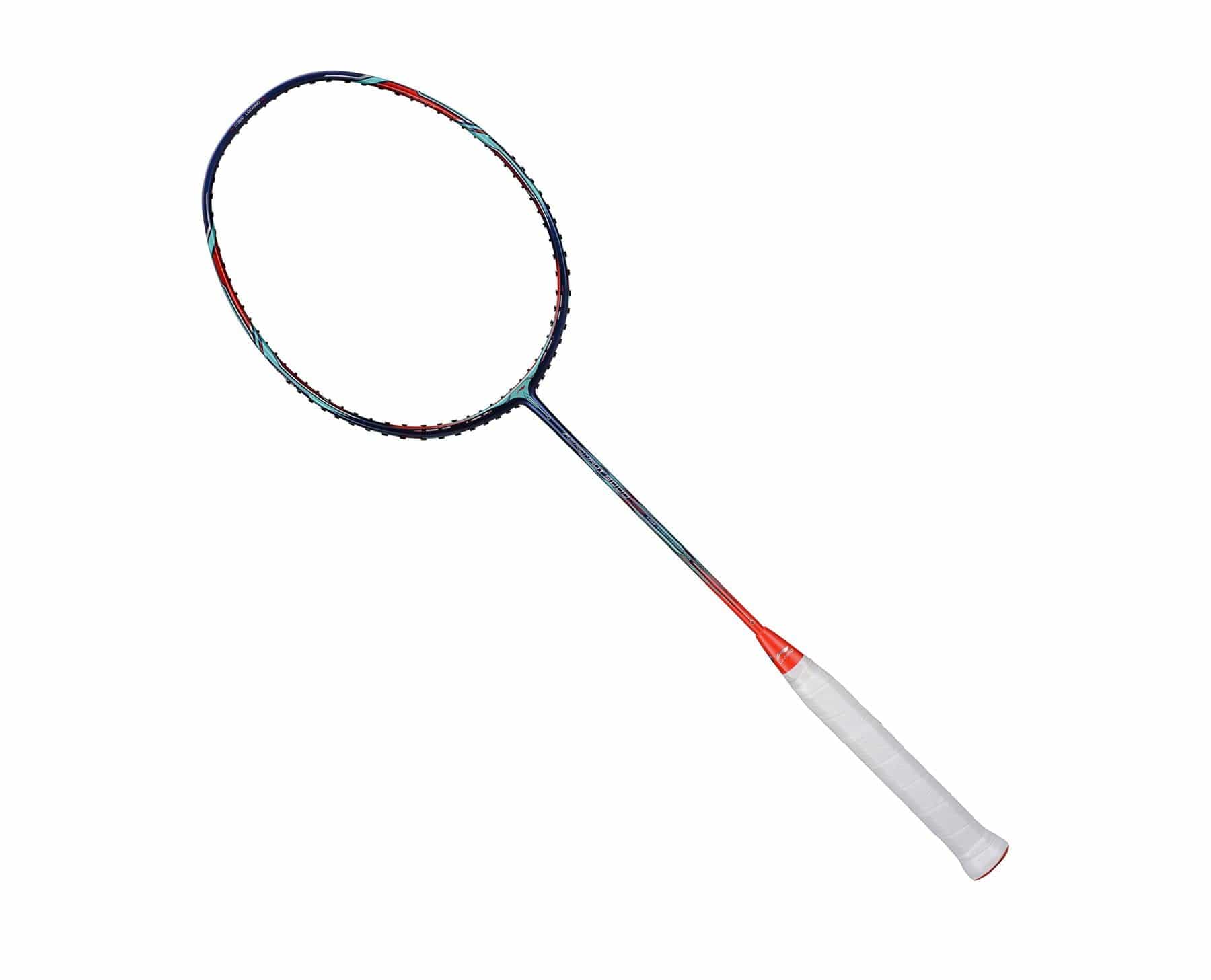 The Li-Ning Aeronaut 9000 Combat 4U Badminton Racket in Twilight Navy features a striking frame with dynamic colors and a white grip. Its oval-shaped head and tightly strung strings, utilizing the cutting-edge Aeronaut Technology Platform, make it ideal for demanding matches.