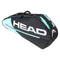 The HEAD Tour Team 3R 3 Racket Badminton Bag in black and mint prominently displays the brand name in large letters and includes multiple compartments, an adjustable shoulder strap, and a top carrying handle for convenience.