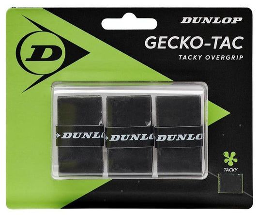 The packaging of the Dunlop Gecko-Tac Badminton Overgrip - 3 Pack - Black, featuring a sleek black and green design, includes three overgrip strips adorned with the Dunlop logo. With tacky surface technology for enhanced control, these overgrips are perfect for improving your grip on badminton racquets.