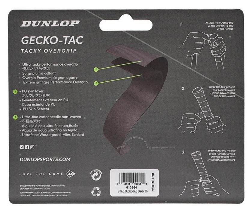 Package of Dunlop Gecko-Tac Badminton Overgrip - 3 Pack - White featuring product illustration and instructions. The text emphasizes essential features such as ultra tacky surface technology and a PU outer skin layer for improved control. Includes barcode and the Dunlop brand website.