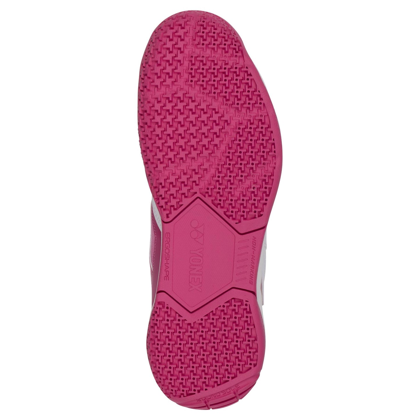 The image showcases the sole of a Yonex Power Cushion Strider Ray Women's Badminton Shoe in white and pink, featuring detailed tread patterns with "Yonex" engraved. Engineered for performance, it includes a Radial Blade Sole along with textured hexagonal and linear grooves for superior grip, complemented by Yonex's Power Cushion technology.