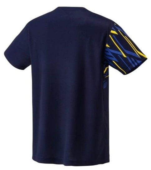 The Yonex 16737EX Lee Chong Wei LCW Badminton T-Shirt in navy blue showcases a geometric pattern in blue and yellow on the right short sleeve, while the left sleeve and back maintain a plain navy design. It merges stylish aesthetics with advanced performance features, inspired by Lee Chong Wei.