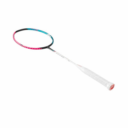 The Li-Ning Halbertec 8000 3U Badminton Racket - Capri Breeze / Neon Iridescent Pink boasts a sleek design with a white grip and a multi-colored frame, highlighted by pink and blue accents. Constructed from military-grade carbon fiber, this racket is shown against a plain white background, emphasizing its elegant yet durable build.