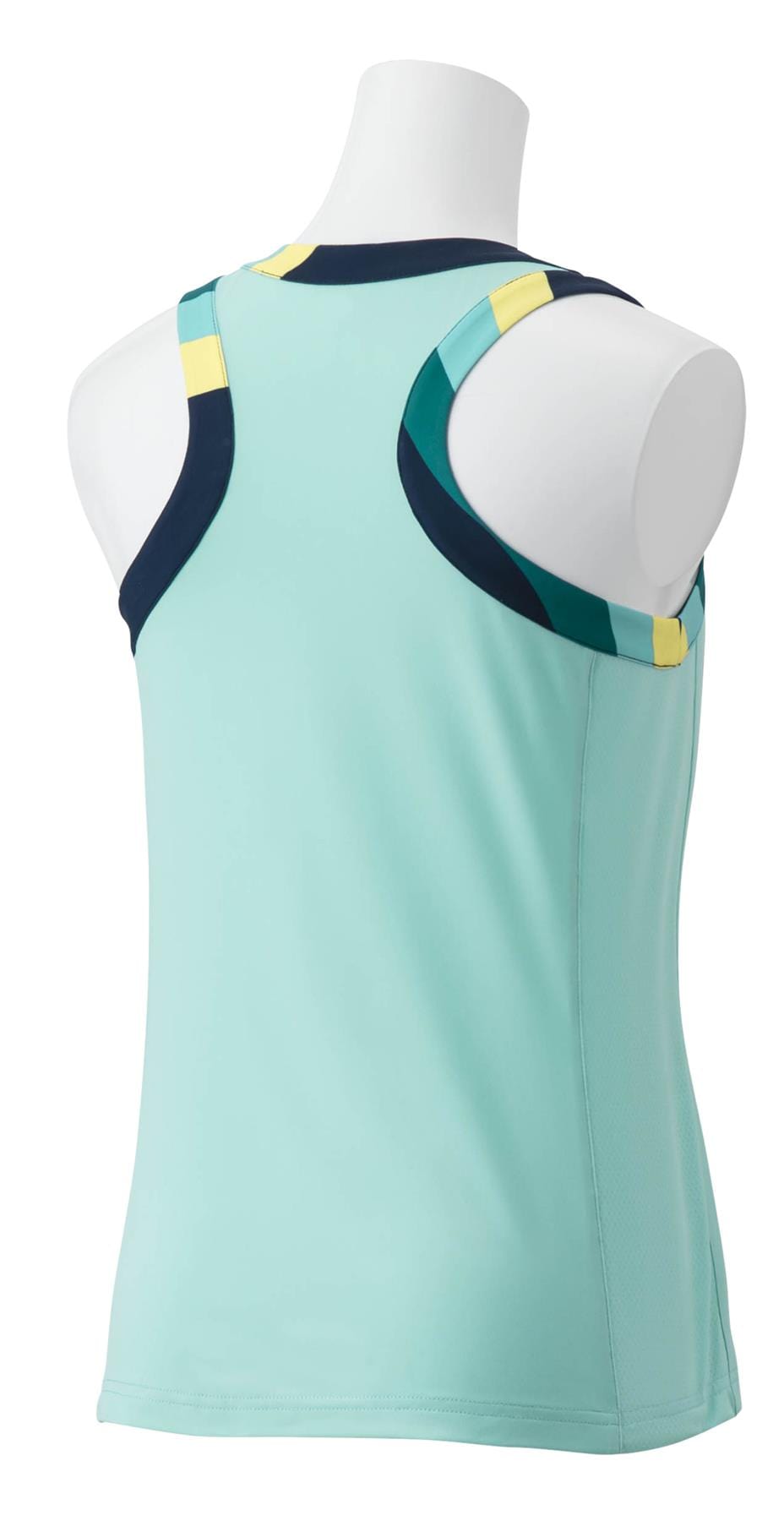 Displayed on a mannequin is the Yonex 20753EX Women's Badminton Tank Top in a light cyan color, with dark blue and yellow accents on the shoulders. It features VeryCool technology, providing a smooth and breathable fabric ideal for both athletic and casual occasions.