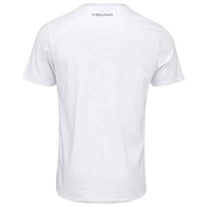 The HEAD Club Basic Men's Badminton T-Shirt in white showcases a minimalist design with a blend of polyester and cotton. The brand name "HEAD" is printed in gray near the neckline, highlighting its simple elegance against a plain white backdrop from the back view.