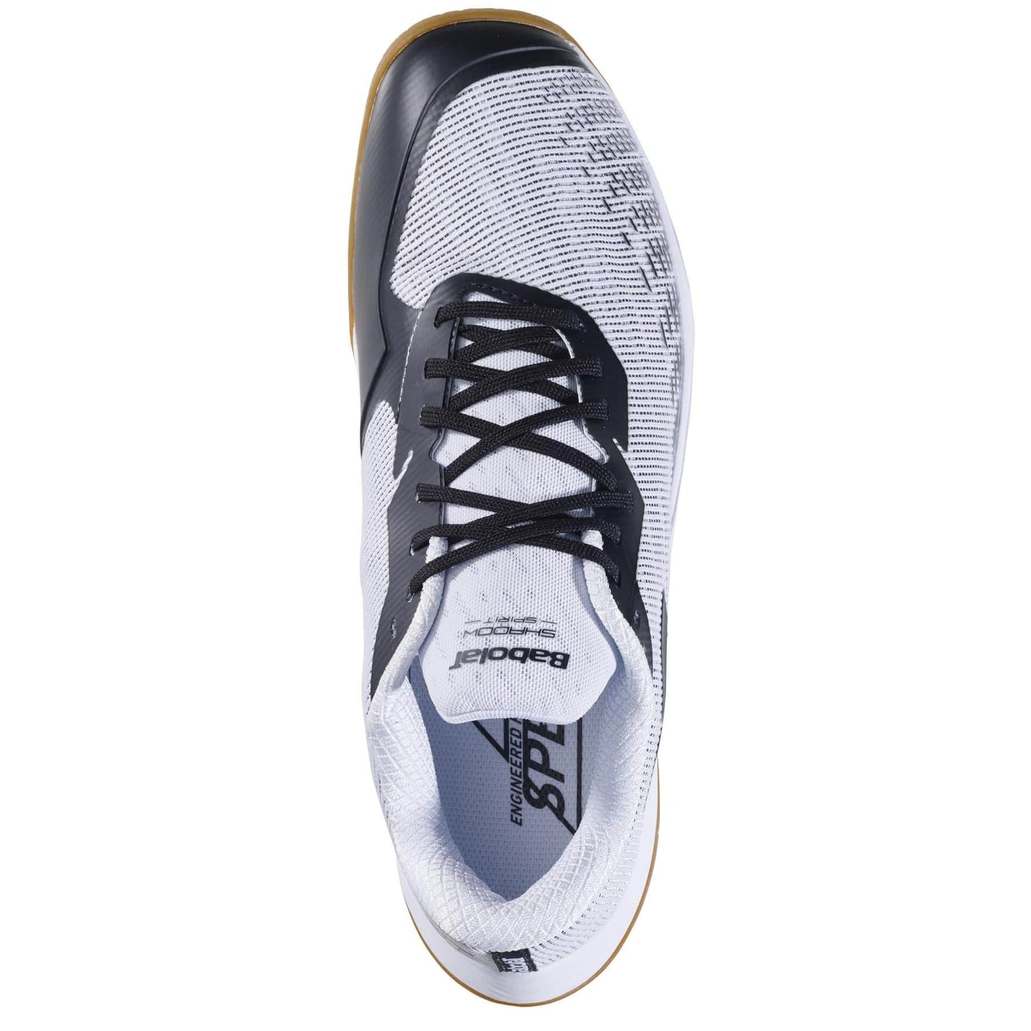 Here's a revised version of the sentence using the provided product data:

A top view of the Babolat Shadow Spirit 2 Men's Badminton Shoes in white and black showcases a gum sole and mesh pattern on the upper. The brand name "Babolat" is prominently visible on both the tongue and side, emphasizing its Shadow Spirit 2 design enhanced with durable Michelin rubber for optimal performance.