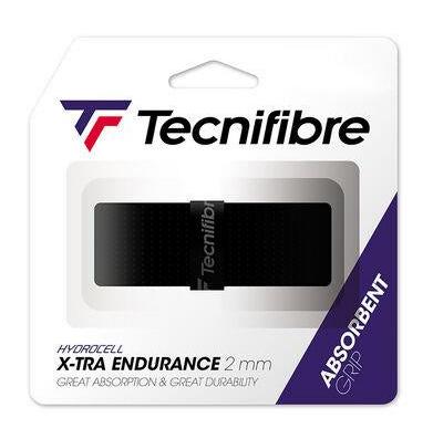 The Tecnifibre X-Tra Endurance Replacement Badminton Grip's packaging showcases its textured black design and prominently features the Tecnifibre logo, highlighting its exceptional perspiration absorption and durability for maximum comfort.