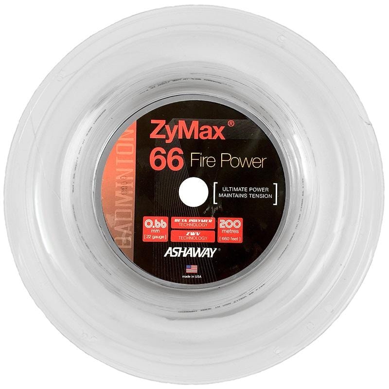 A close-up of a spool of Ashaway Zymax 66 Fire Power badminton strings in white highlights the high-performance features. The transparent spool reveals the black and red label, showcasing details like "Ultimate Power" and "Maintains Tension," with the 0.66MM string coiled inside the 200m reel.