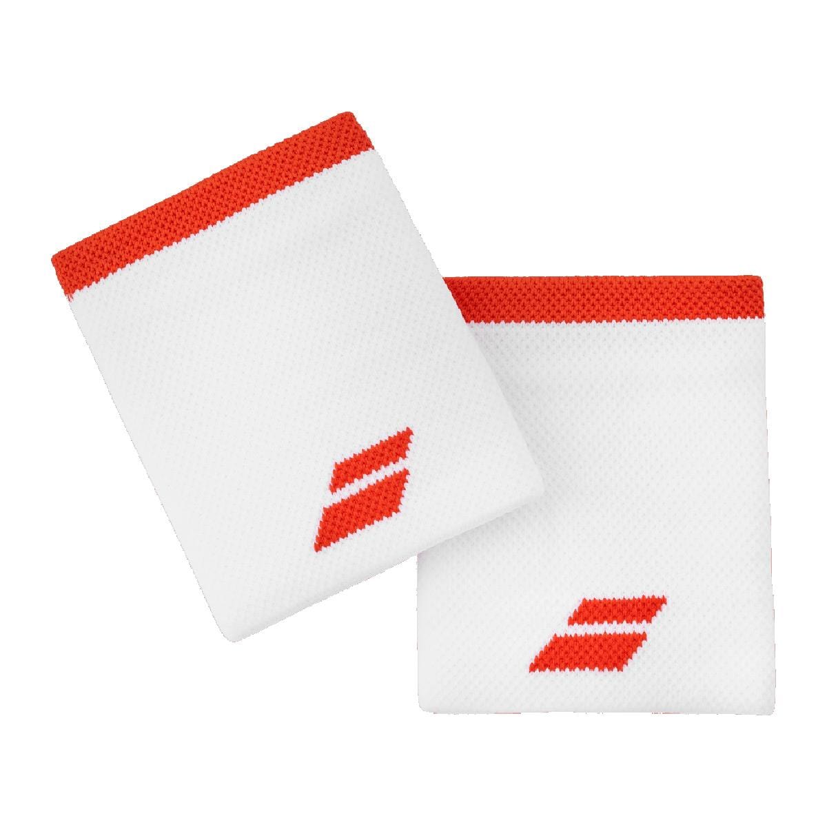 The Babolat Logo Jumbo Wristband in White and Fiesta Red offers a high-absorption, textured surface perfect for tennis. Featuring a bold red logo of two parallel diagonal lines, these wristbands combine style and function on the court.