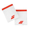 The Babolat Logo Jumbo Wristband in White and Fiesta Red offers a high-absorption, textured surface perfect for tennis. Featuring a bold red logo of two parallel diagonal lines, these wristbands combine style and function on the court.