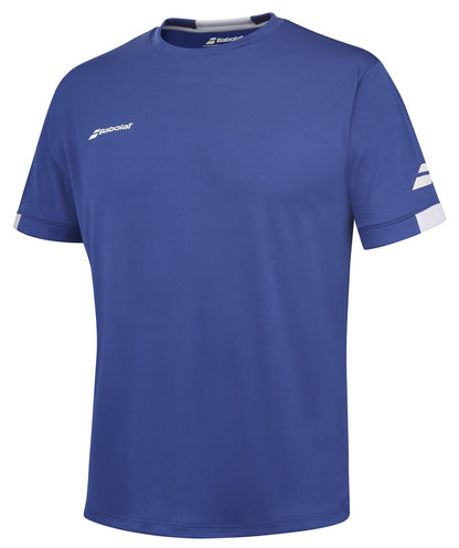 Introducing the Babolat Play Men's Crew Neck Badminton T-Shirt in Sodalite Blue: This blue sports T-shirt showcases a white Babolat logo on the chest and features stylish white accents near the cuffs of its short sleeves. Made from recycled polyester, this smooth and lightweight fabric is ideal for athletic activities, embodying the true spirit of Babolat Play style.