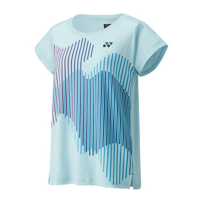 The Yonex 20764 Crew Neck Women's Badminton T-Shirt in Crystal Blue showcases an abstract design of vertical lines in various shades of purple and blue, creating elegant curved patterns. Featuring Yonex VeryCool technology to maintain coolness, it also sports a small logo near the neckline.