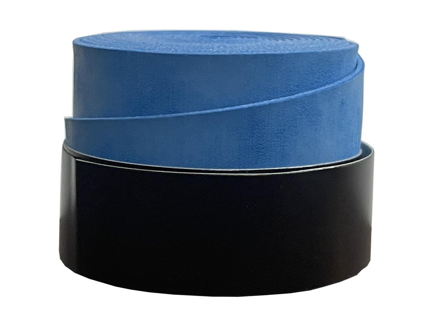 A roll of Badminton Overgrip - Blue (Single) by Badminton HQ is displayed on a black box against a white background, with its textured surface partially unrolled. Drawing inspiration from the comfort and shock absorption of badminton overgrip, these wraps promise to enhance performance and style.