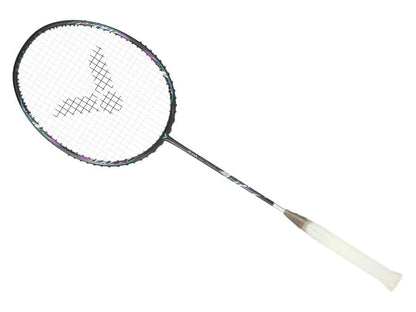 The Victor Drive X Metallic C 4U Badminton Racket - Black boasts a black frame, white grip, and is made from PYROFIL carbon fiber for extra strength. It has strings in a mesh pattern with a logo on the string bed and is wrapped in durable white tape for optimal grip.