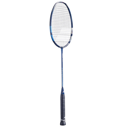 The Babolat Satelite Origin Badminton Racket in blue, from the brand Babolat, features a mesh string pattern and a black grip handle, offering precision and ease of handling against a white background.