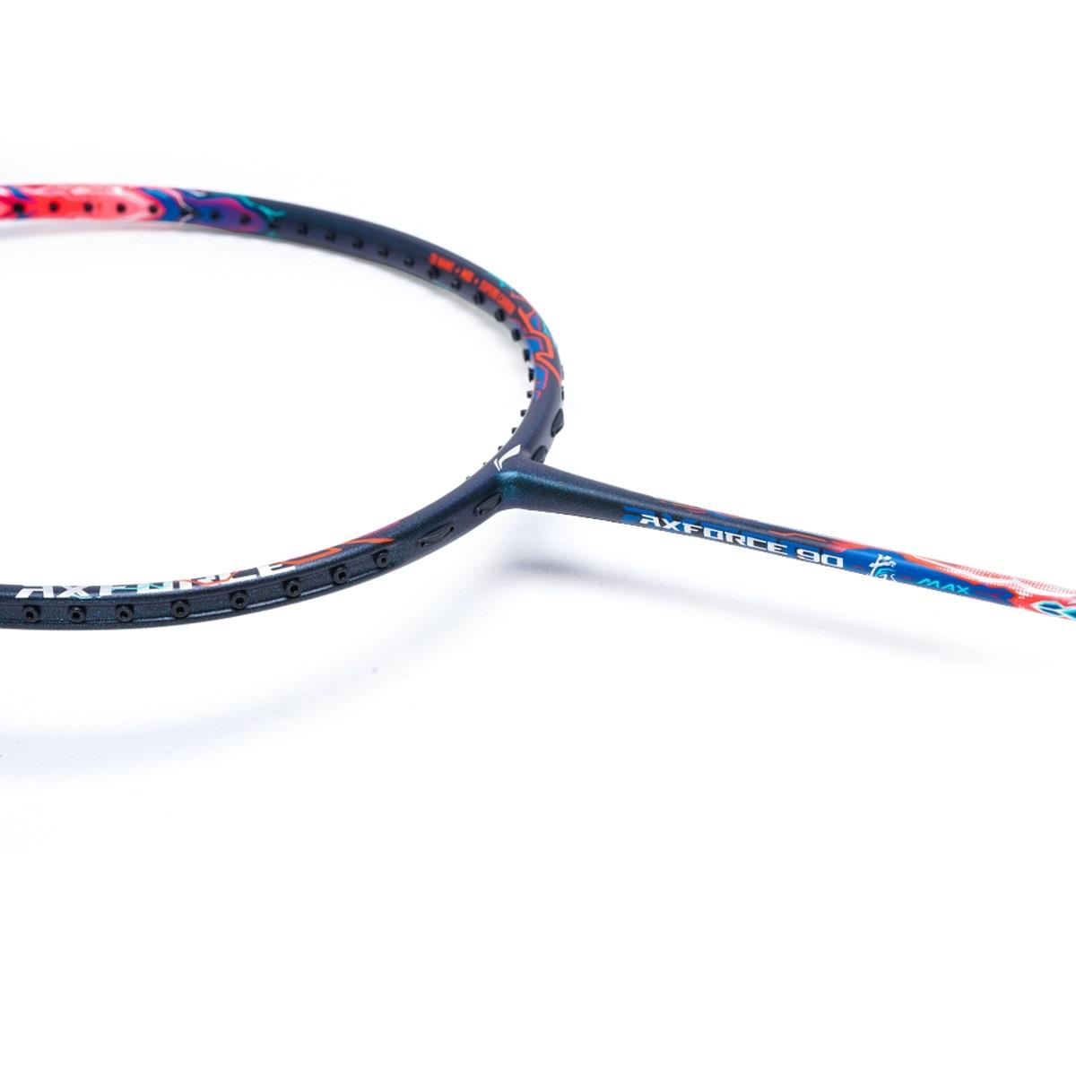 The Li-Ning Axforce 90 Tiger Max 4U Badminton Racket - Black features a close-up of its dynamic frame, showcasing a colorful design perfect for advanced players. The circular frame is adorned with vibrant patterns and boasts a sleek, modern structure that highlights intricate detailing and cutting-edge features ideal for high-level performance.